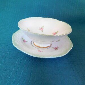 Royal Stafford small pink roses embossed green band bowl with underplate NMC